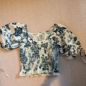 LoveShackFancy Blue and Cream Floral Blouse